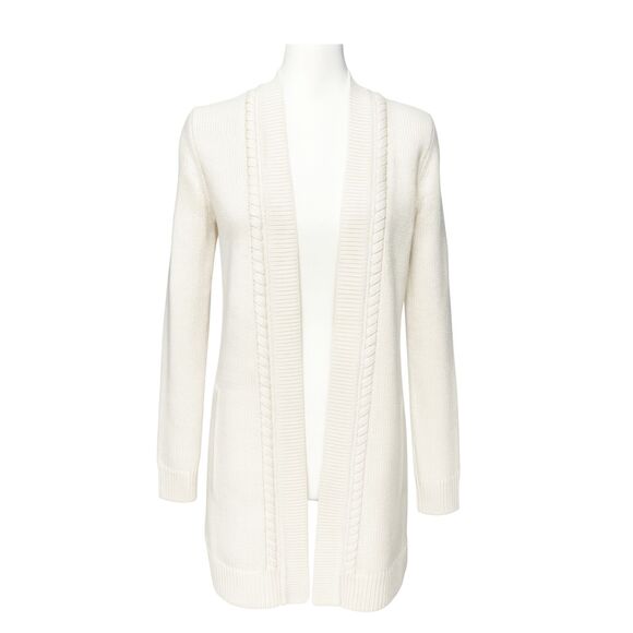 CARLISLE Cream Heavy Knit Open Front Cardigan Wool Blend Ribbed Pockets Sz S NWT